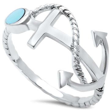 Twisted Rope Anchor Band Ring Simulated Turquoise 925 Sterling Silver